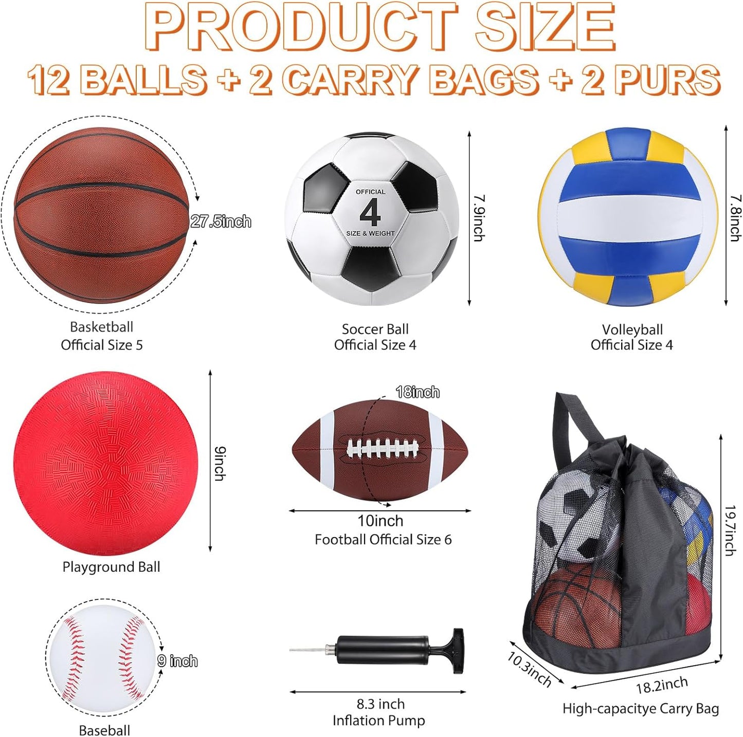Deekin 12 Pcs Assorted Sport Ball Set Official Size Basketball, Football, Volleyball, Soccer, Baseball, Playground Ball with Bag and Pump Gift for Kid Youth Adult Back to School