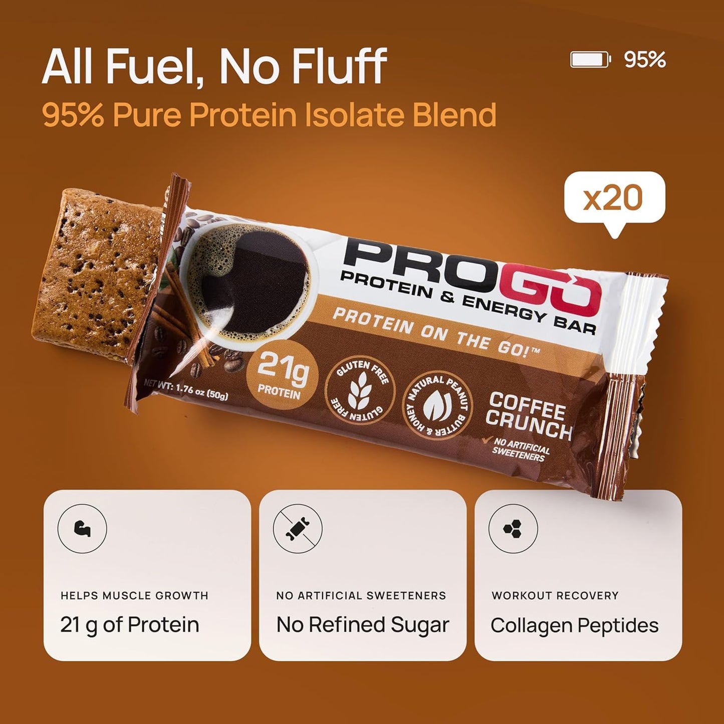ProGo Protein Bars, Low Sugar, High Protein Snacks (21g) - 95% Pure Isolate for Faster Muscle Growth & Recovery, Low Calorie, Sweetened w/Peanut Butter & Honey (20-Count, Coffee Crunch)