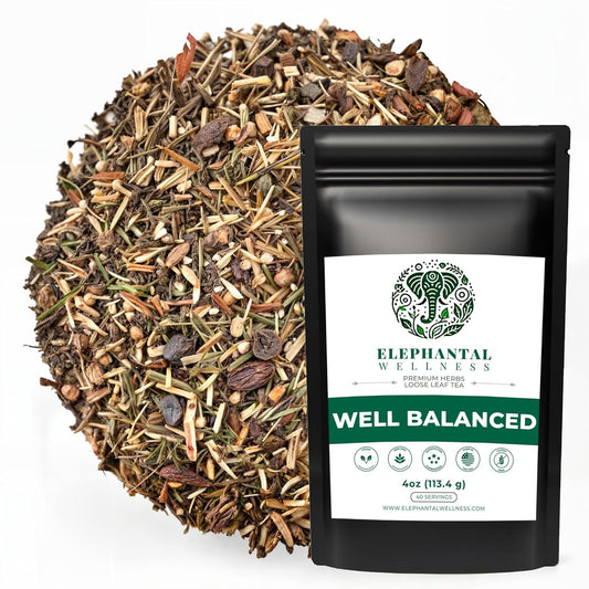 Elephantal Wellness Premium Well Balanced Herbal Tea | Healthy Cortisol, Adaptogenic Stress Energy Support with Ashwagandha, Goji, Reishi, Holy Basil & Lion’s Mane, Caffeine-Free, Non-GMO, 4 oz