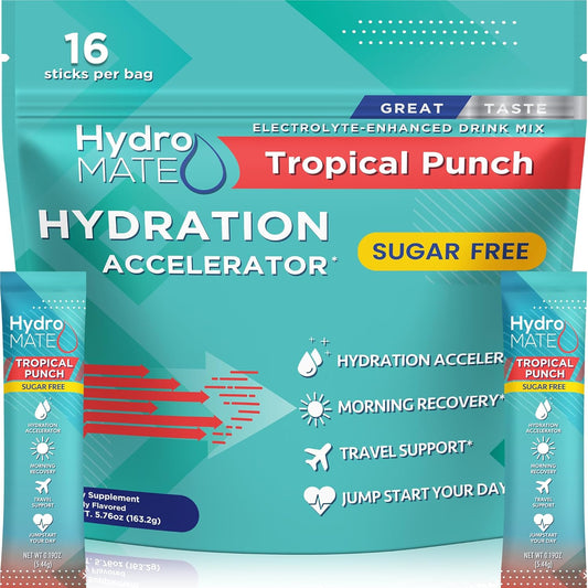 Electrolyte Powder Sugar-Free Hydration Packets Tropical Punch HydroMATE 16 Sticks