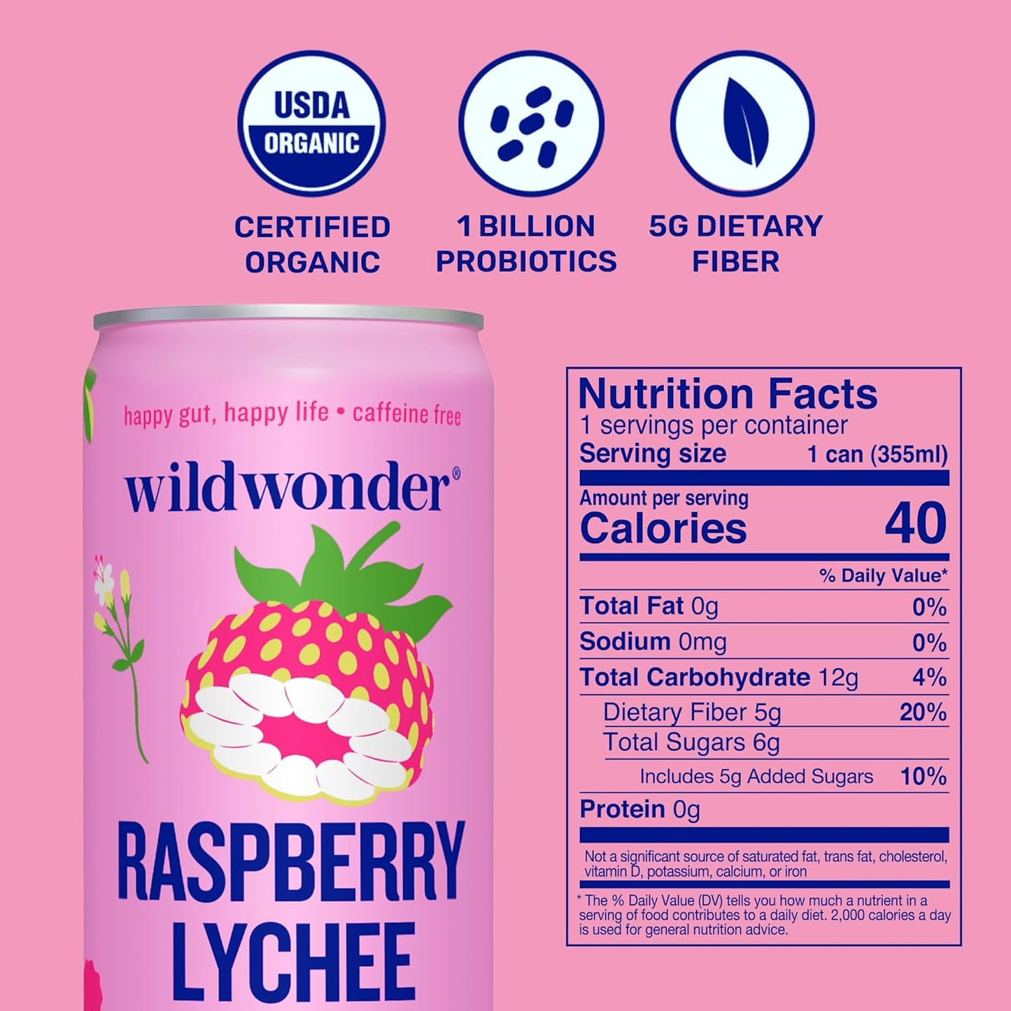 NEW! wildwonder Sparkling Probiotic Drink 12pk, For Gut Health & Immune Support, Raspberry Lychee, 5g Prebiotic Fiber, Live Probiotics, Organic, Vegan, Low Sugar, 12 Pack, 12oz Can, Seen on Shark Tank