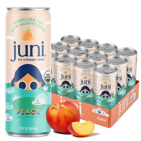 Juni Sparkling Adaptogen Drink with Ashwagandha, Lion’s Mane & Reishi Mushrooms | Green Tea for Focus, Zero Sugar, 5 Calories, Organic | Non Alcoholic Drinks - Peach 12 pack