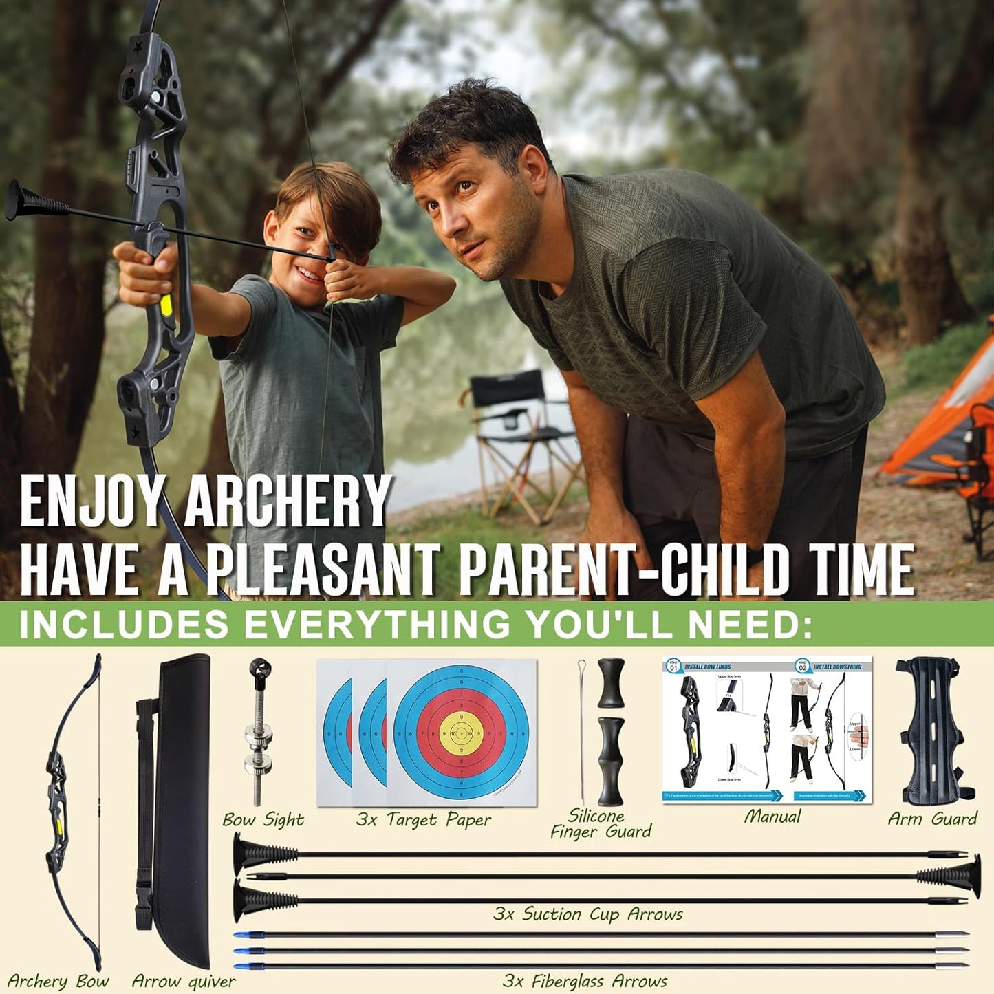 Bow and Arrow Set for Teens Beginners Adults Archery Recurve Bow, Upgraded Arrow Rest, Soft Silicone Finger Guard, 18lbs Longbow Kit with 6X Arrows Backyard Games Gift for Outdoor