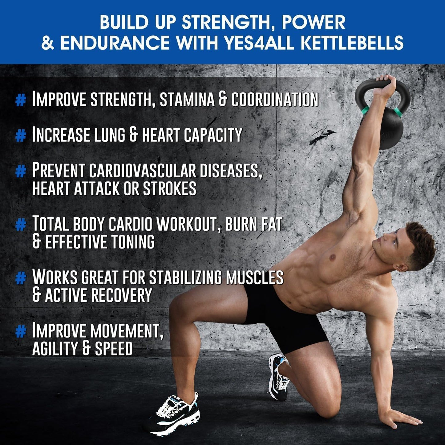 Yes4All Powder Coated Cast Iron Kettlebell Strength Training Kettlebells Weight Set for Full Body Workout, Home Gym