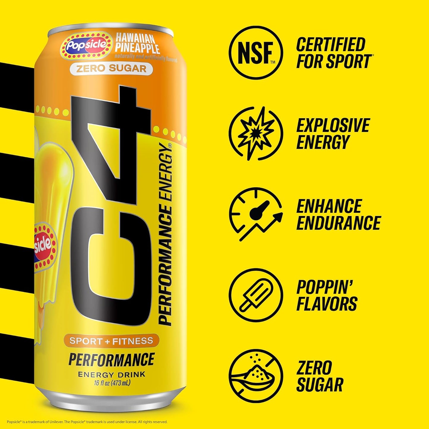 Cellucor C4 Energy Drink x Hawaiian Pineapple Popsicle, Carbonated Sugar Free Pre Workout Performance Drink with no Artificial Colors or Dyes, 16 Oz, Pack of 12