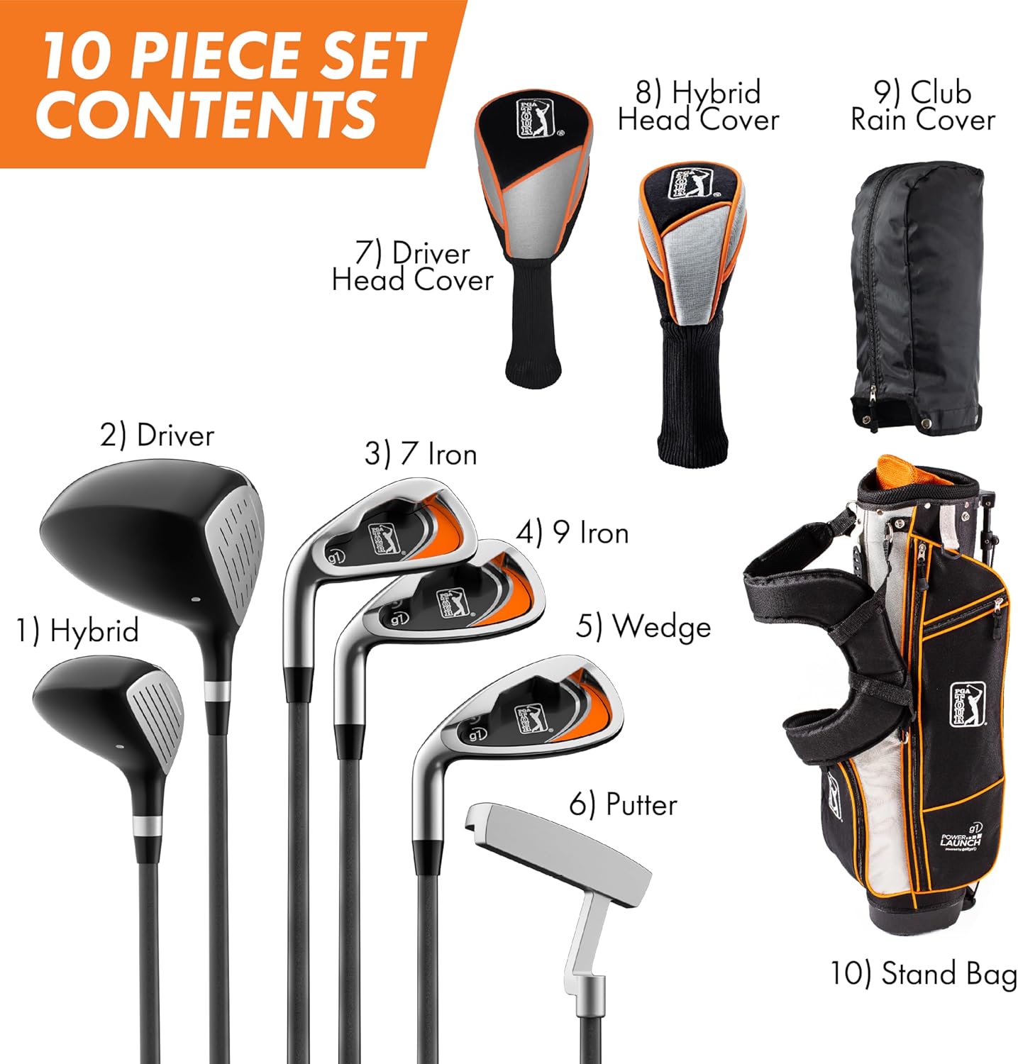 PGA TOUR Youth Golf Club Set for Ages 8-12 (4’8”-5’2”) and 12+ (5’2”+), Right and Left-Handed Kids Golf Sets – Beginner Junior Golf Clubs with Lightweight Stand Bag, Mallet Putter, Hybrid, Driver