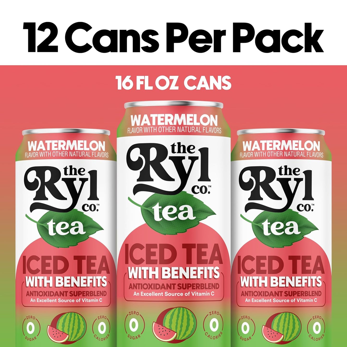 Ryl Iced Tea, Watermelon, Antioxidant Superblend, Zero Sugar, Low Carb, Zero Calorie Iced Tea, 16.0 Fl Oz (12-Pack)