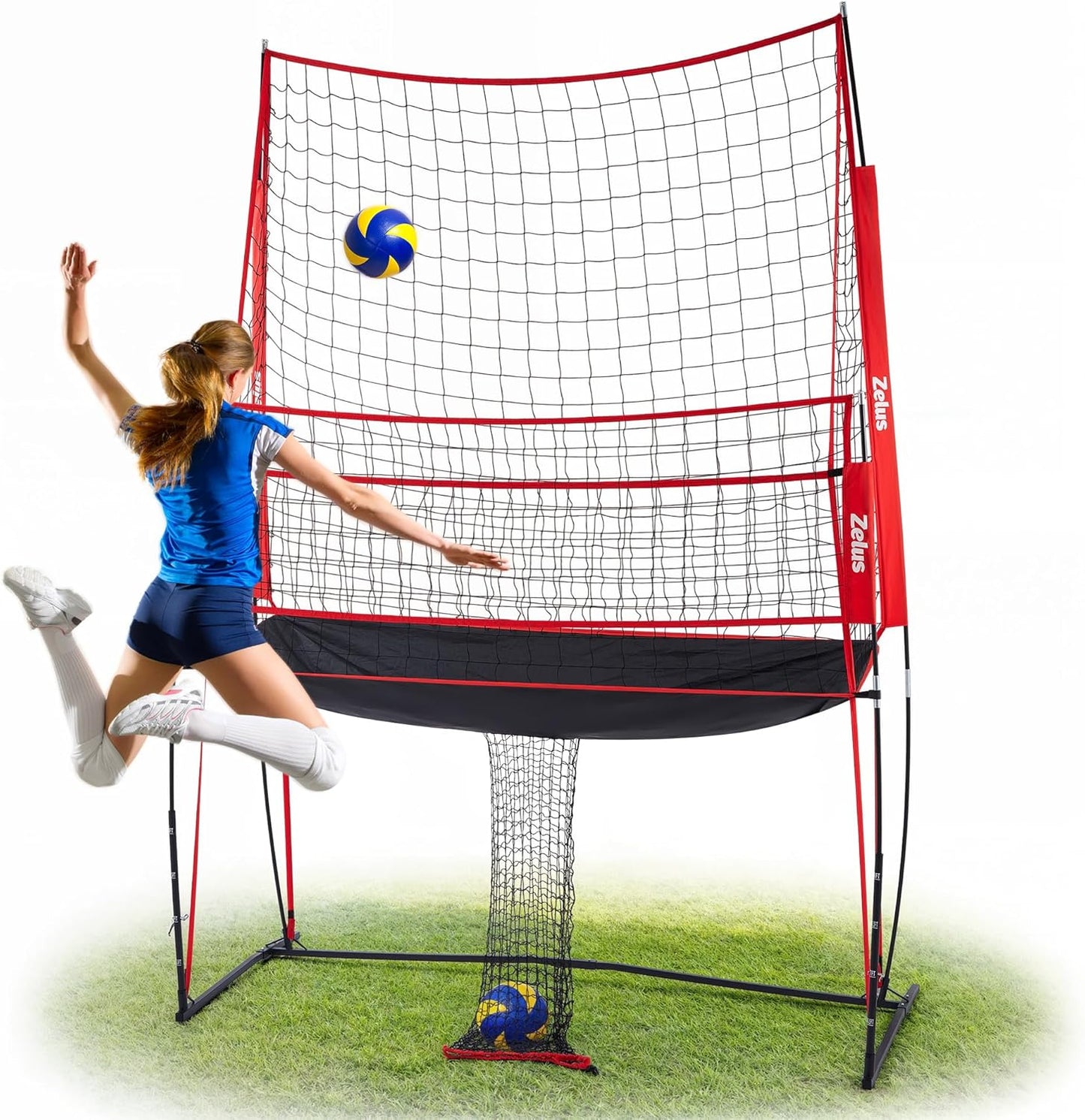 ZELUS Volleyball Training Equipment, 11x8 ft Volleyball Practice Net Station with Adjustable Height & Ball Return