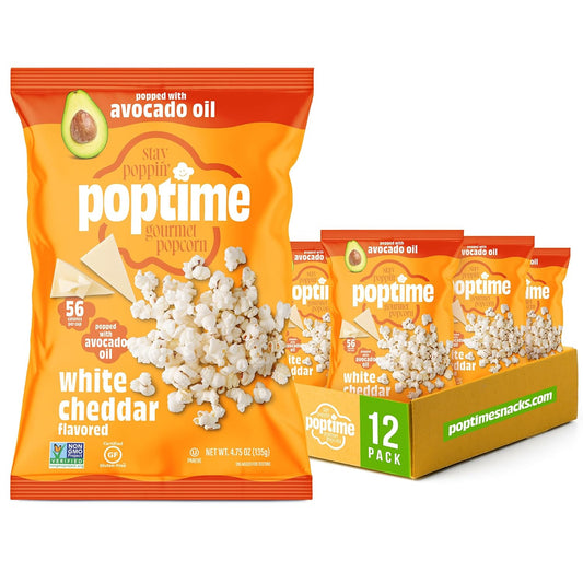 Poptime White Cheddar Popcorn Snack Bags – Gourmet Popcorn Bags, Healthy Snack With Heart-Healthy Avocado Oil, Crunchy, Cheesy, Gluten Free, Vegan, Low Calorie, Non-GMO, Kosher - 4.75 oz - Pack 12