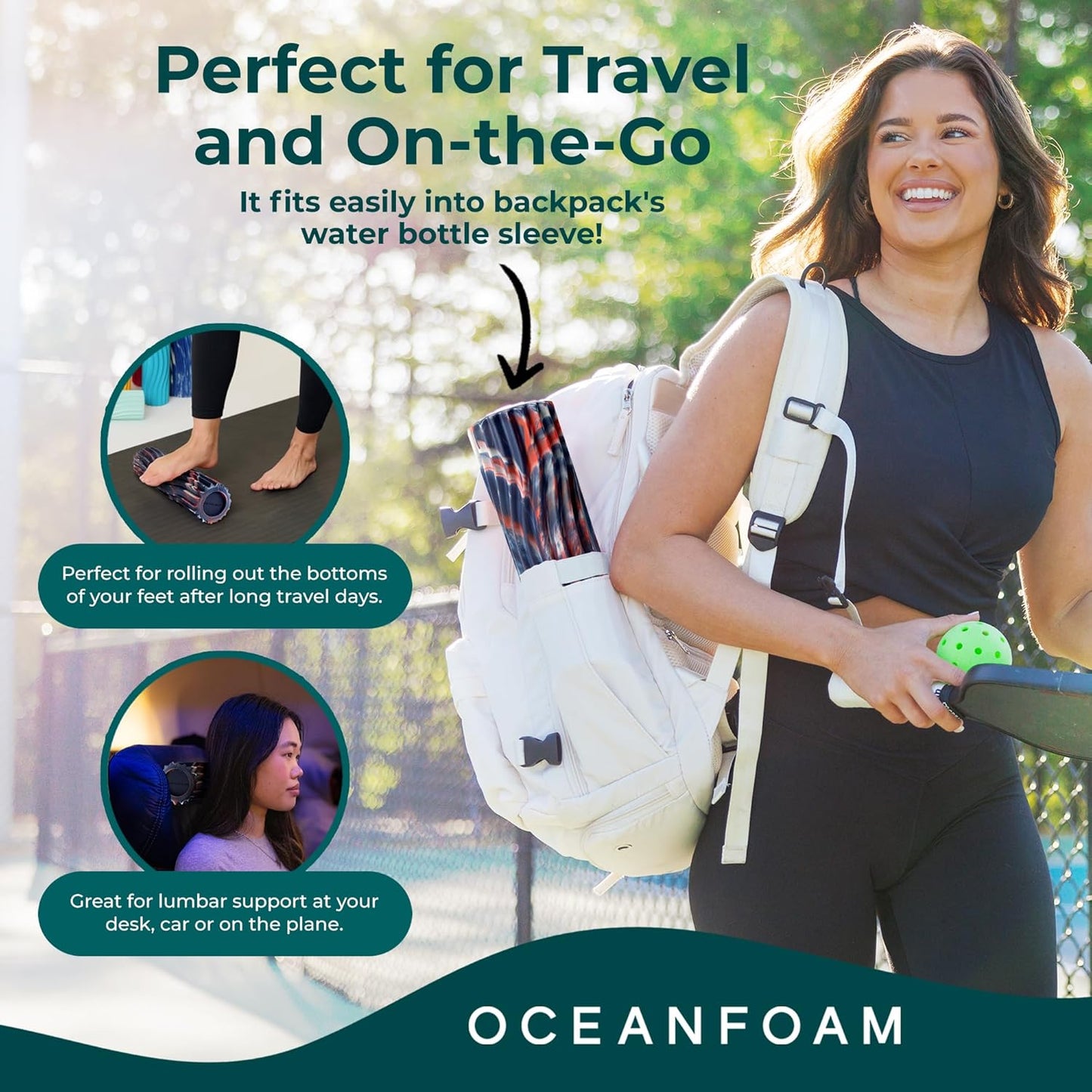 Oceanfoam Ripple Travel Foam Roller (11" x 3.35") Firm Mini Foam Roller for Physical Therapy, Deep Tissue Massage, Back Pain - High Density, Wave Textured - Yoga (Red, Dark Navy & Natural Marbled)