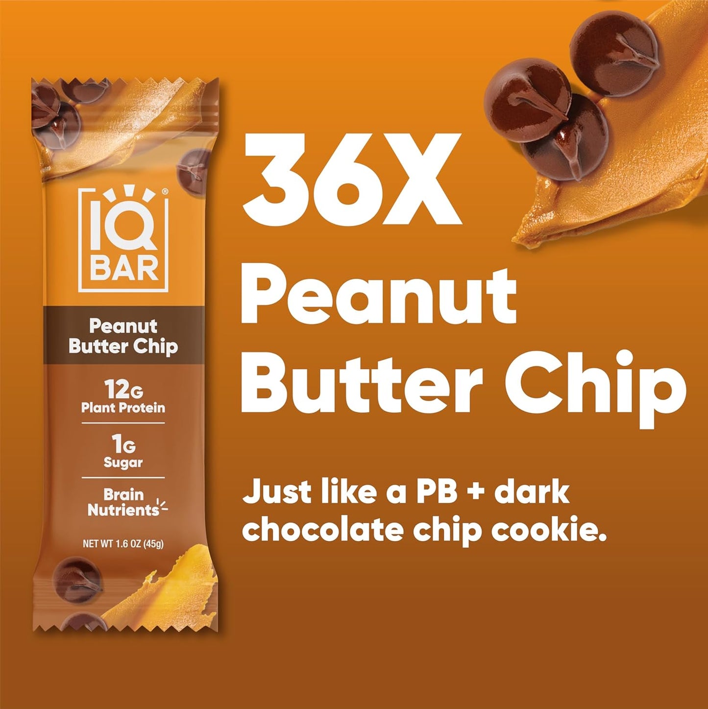 IQBAR Brain and Body Plant Protein Bars - Peanut Butter Chip - 36-Count Low Carb - Gluten Free, High Fiber, Vegan Snacks - Low Sugar Meal Replacement