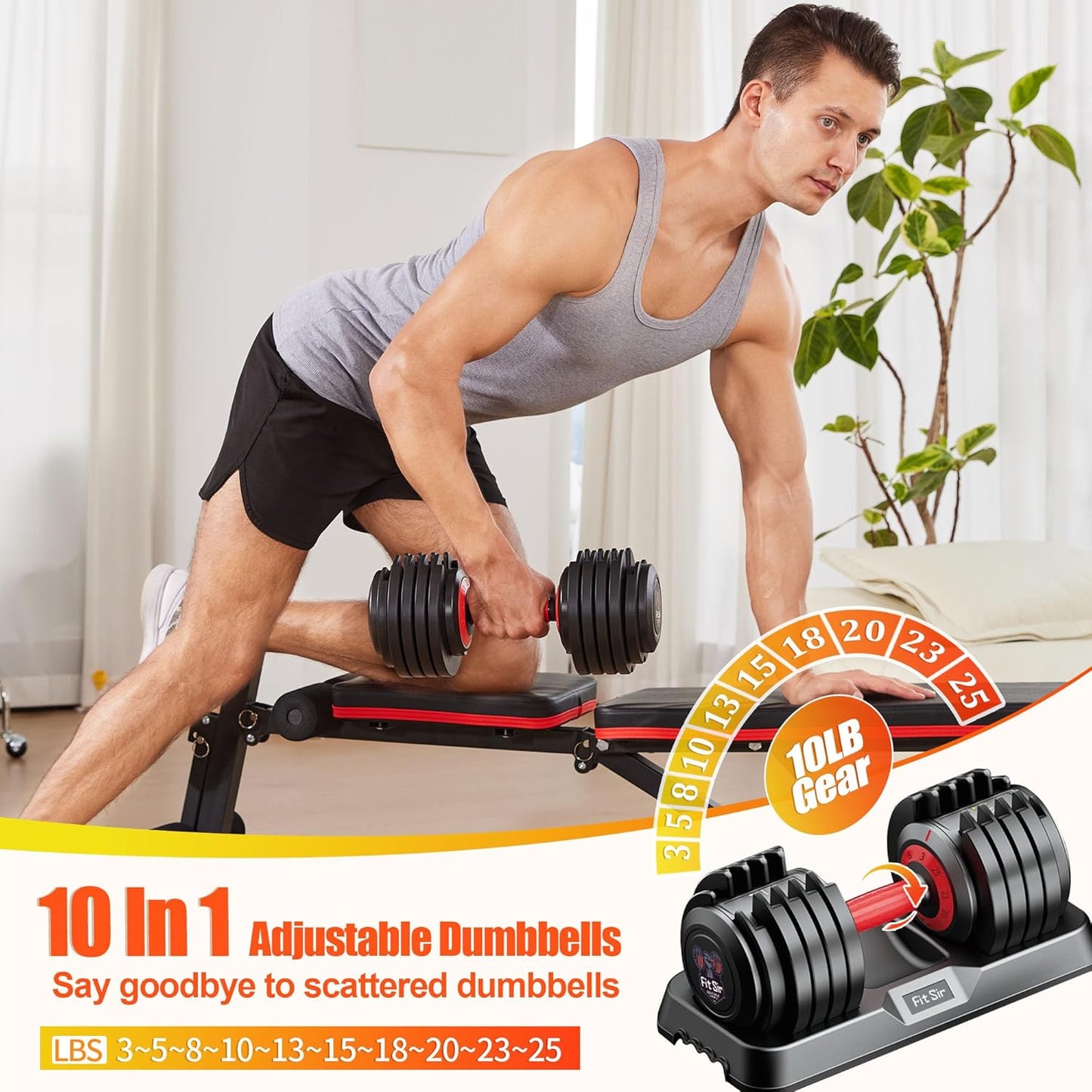 Adjustable Dumbbell Set 25/55/90LBS,10 in 1 Free Weights Dumbbell with Anti-Slip Texture Handle,1 Sec Speed Adjustment Men/Women Gym and Home Strength Training Equipment.