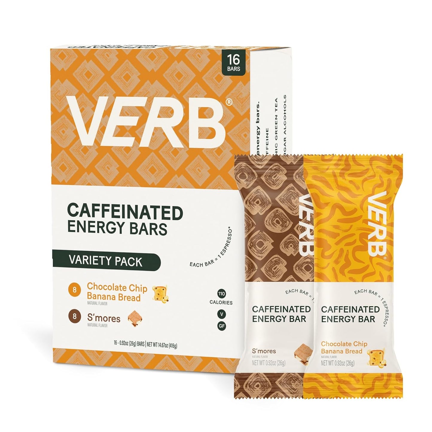 Verb Caffeinated Energy Bars Variety Pack - 2 Delicious Flavors (26g, Pack of 16) 110-Calorie Delicious Low Sugar Energy Bar, Vegan & Gluten Free On-the Go Snack with 80mg Green Tea Caffeine
