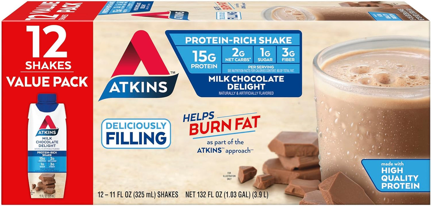 Atkins Milk Chocolate Delight High Protein Shake, 15g Protein, Low Glycemic , 2g Net Carb, 1g Sugar, Keto Friendly , Chocolate Flavored Protein Shakes, 12 Count