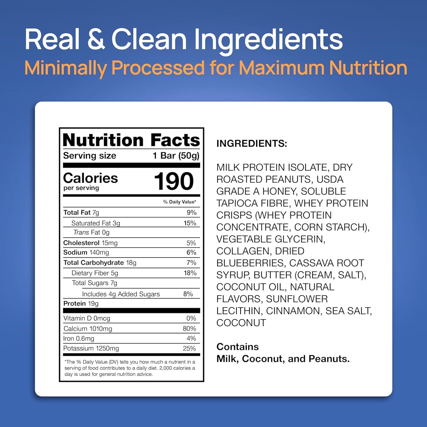ProGo Protein Bars, Low Sugar, High Protein Snacks (19g) - 95% Pure Isolate for Faster Muscle Growth & Recovery, Low Calorie, Sweetened w/Peanut Butter & Honey (20-Count, Blueberry Coconut)