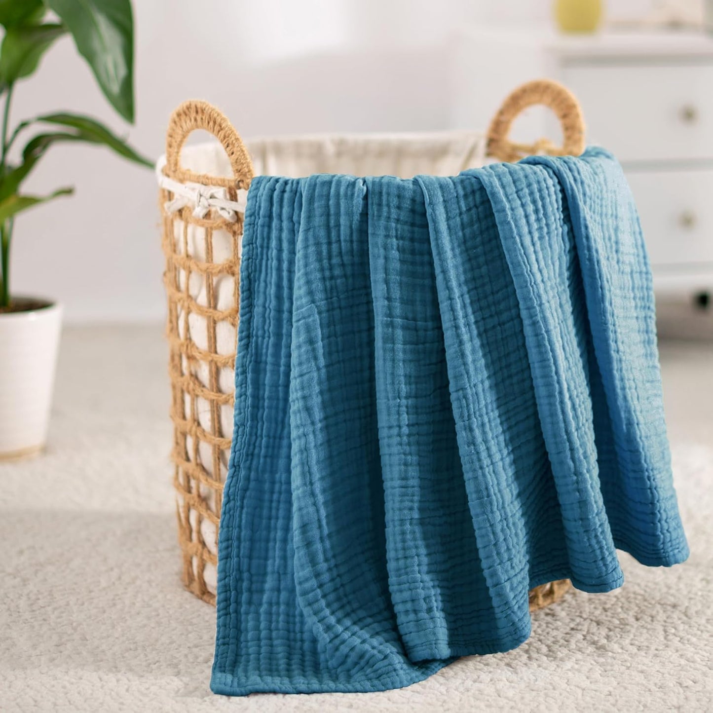 Carriediosa 100% Cotton Muslin Throw Blanket 66" X 90" Twin XL Size，4-Layers Summer Gauze Throws for Bed Couch，Soft Lightweight Breathable Linen Blankets Bedspread for Adults All Season，Dusty Blue
