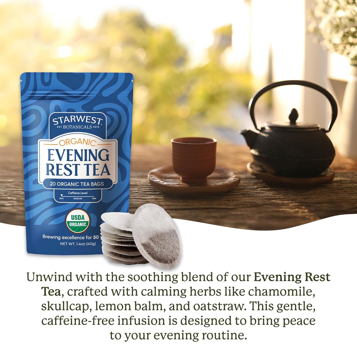 Starwest Botanicals Organic Evening Rest Tea - Caffeine Free Herbal Tea Blend for Sleep, Contains Chamomile & Lemon Balm, String Free Sachets, USDA Organic, Non GMO - 20 Tea Bags