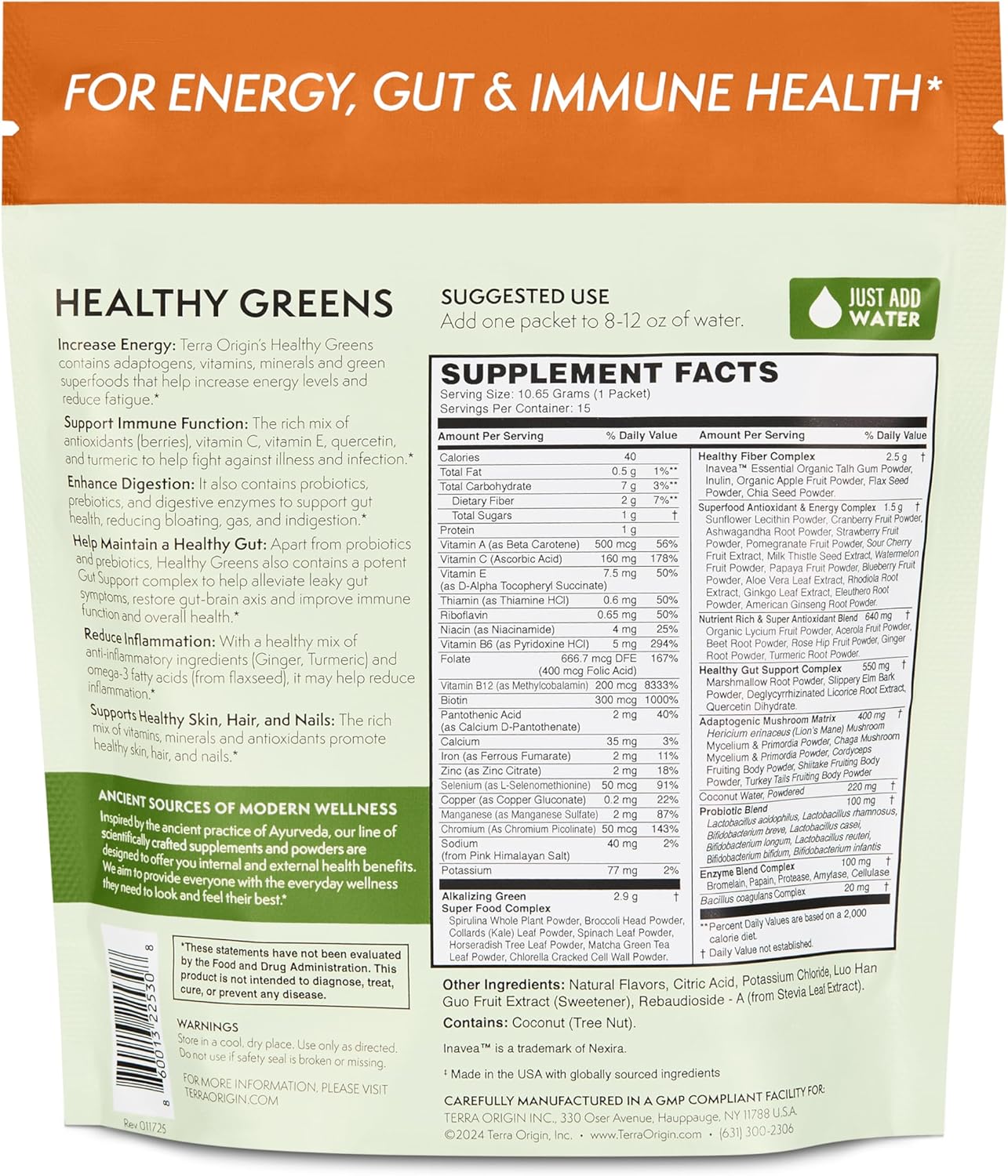 TERRA ORIGIN Greens Powder Superfood Supplement | 15 Packets | Supports Digestion | with Probiotic Blend, Digestive Enzymes, Antioxidants, Spirulina, Chlorella | Tropical Passionfruit