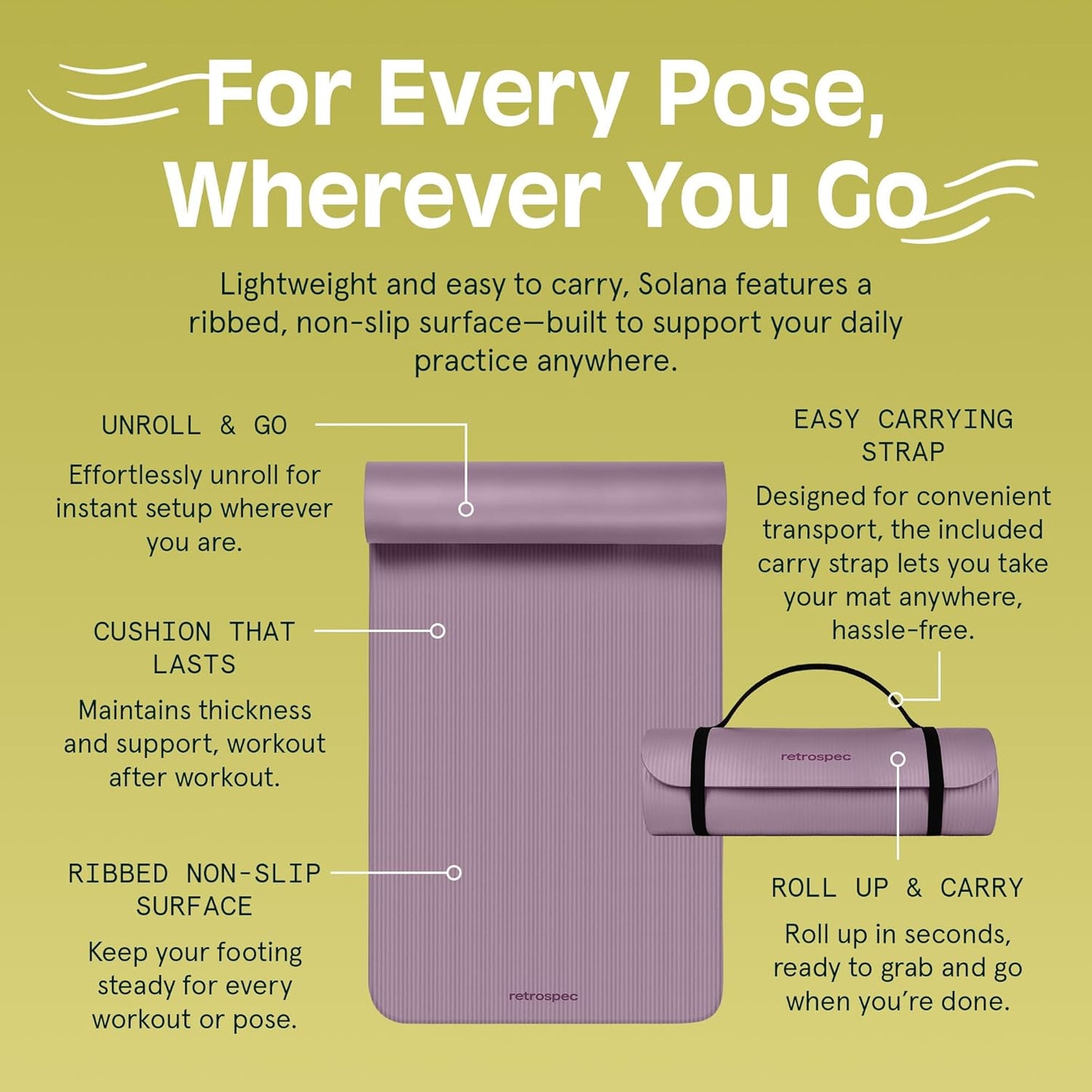 Retrospec Solana Yoga Mat 1/2" Thick w/Nylon Strap for Men & Women - Non Slip Exercise Mat for Yoga, Pilates, Stretching, Floor & Fitness Workouts