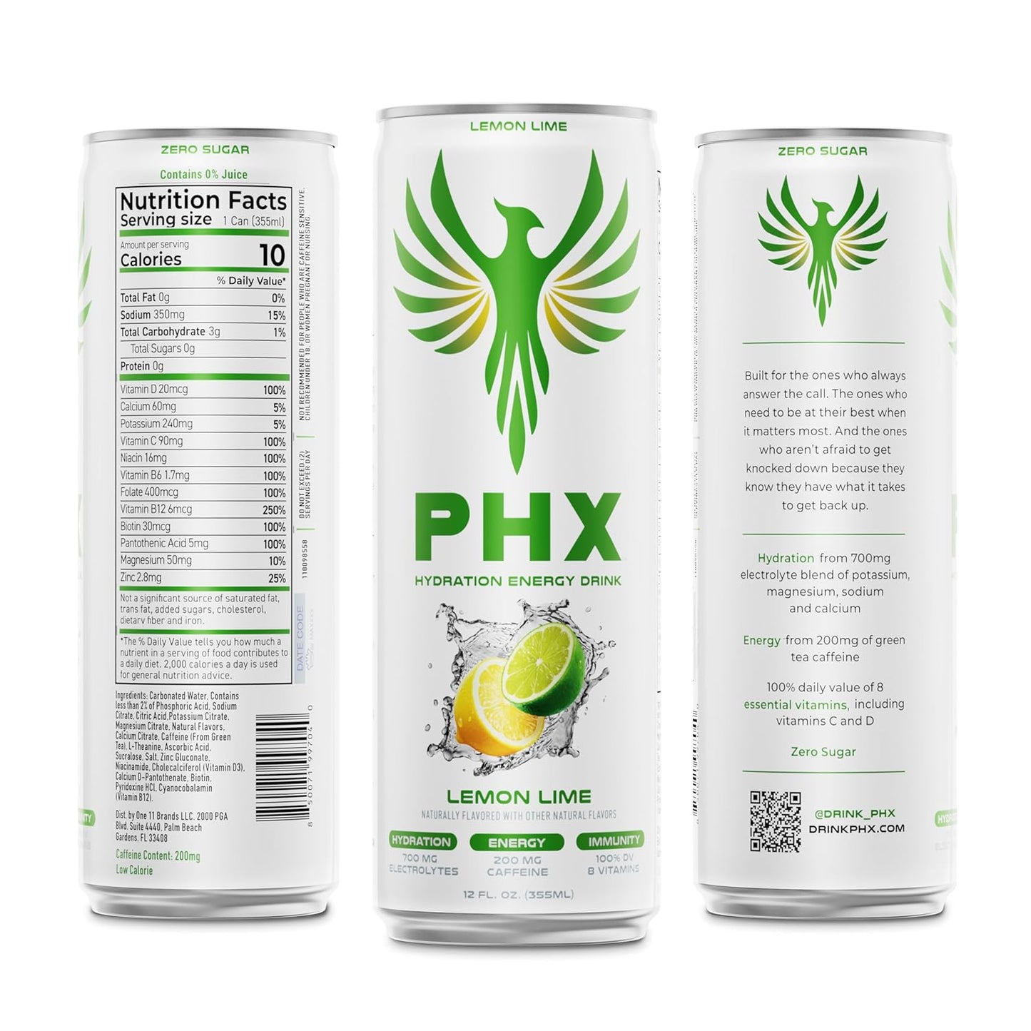 PHX Hydration Energy Drink - 700mg Electrolytes, 200mg Natural Green Tea Caffeine, 100% Daily Value 8 Essential Vitamins - 12 oz Cans (12 Pack) (12 Pack, Lemon Lime)