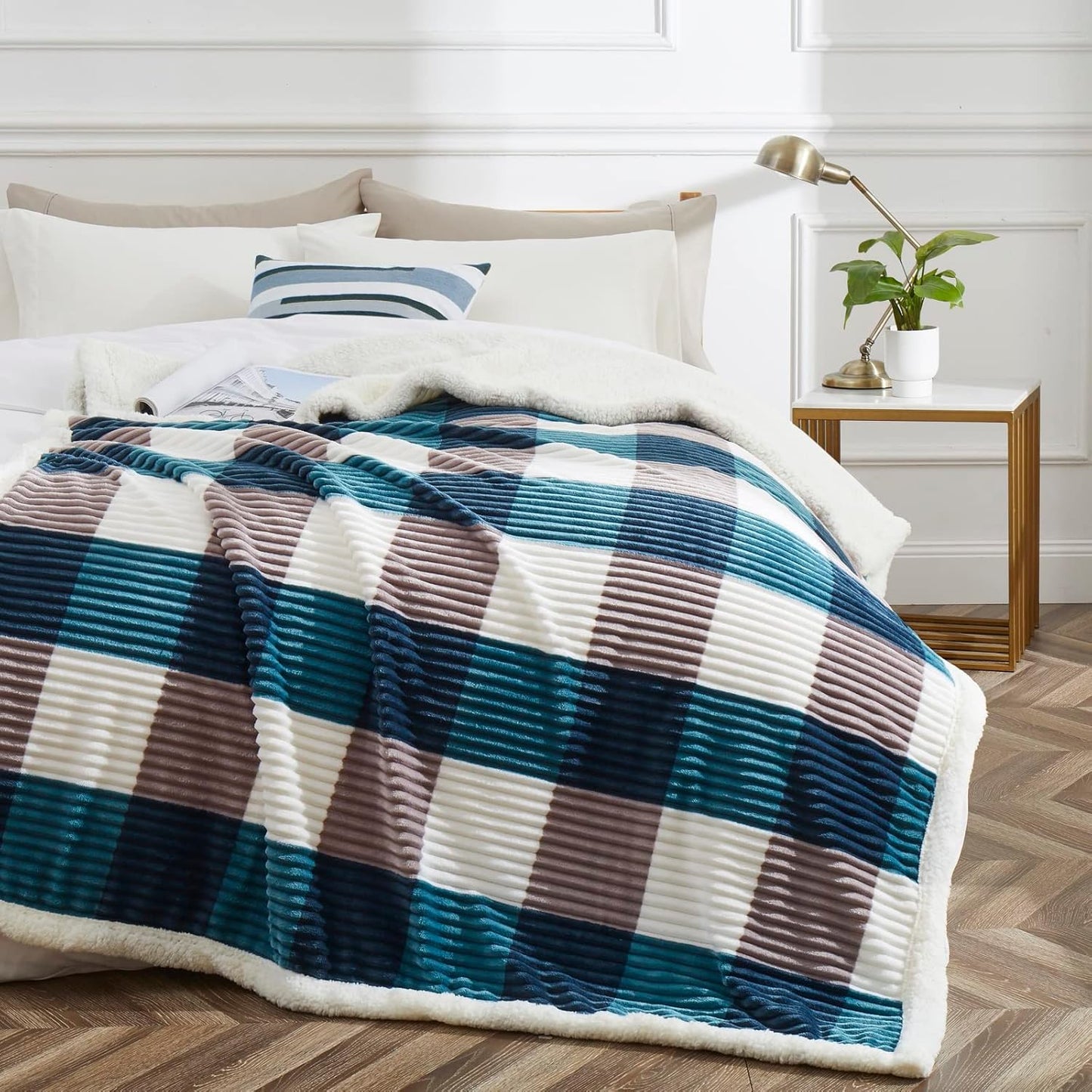 PU MEI Sherpa Blanket Twin Plaid Thick Bed Blanket, 90”*80” Super Soft Flannel Fuzzy Fleece Reversible Velvet Plush Warm Blanket for Couch (Teal Check, 80"*90")