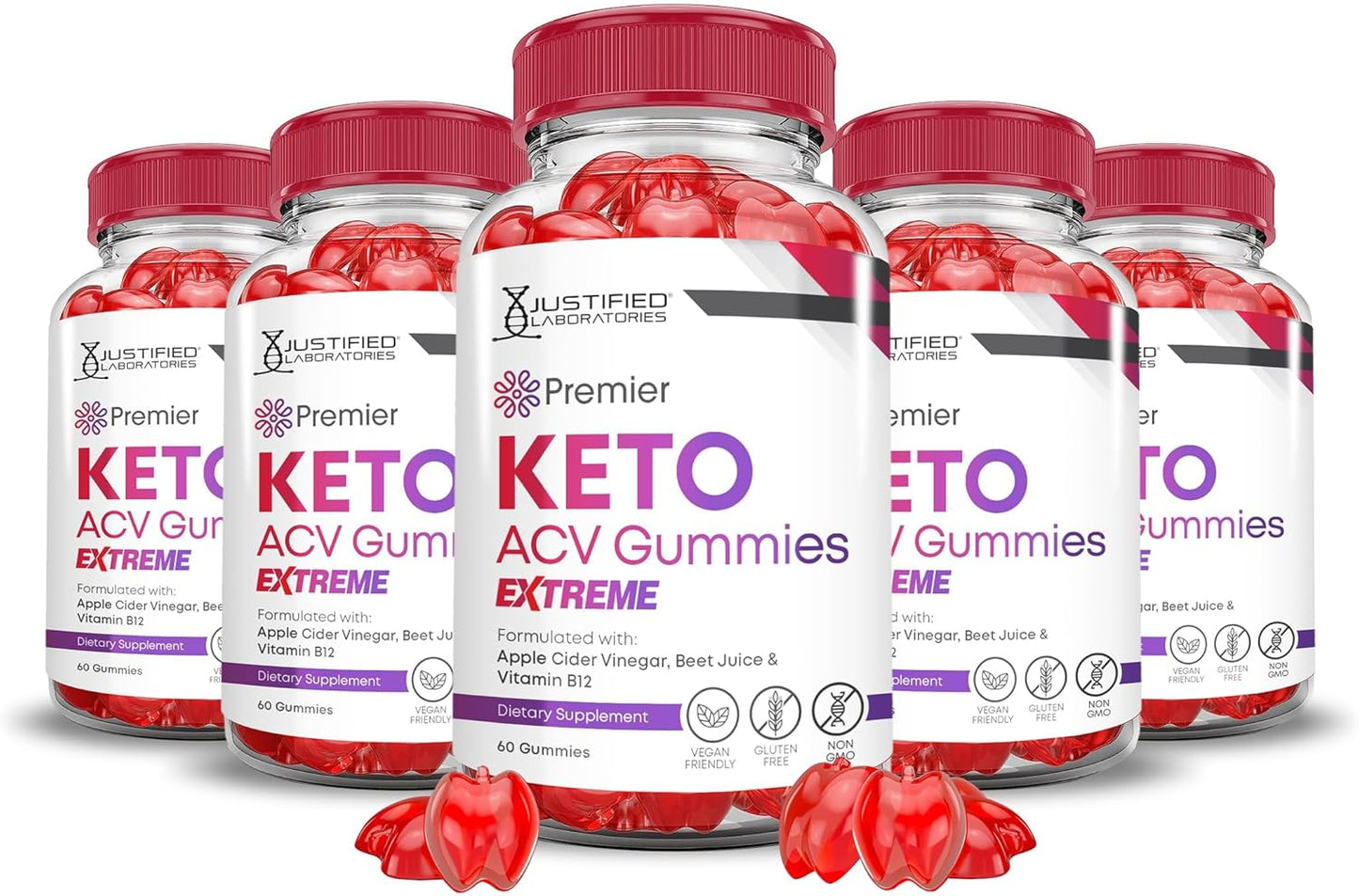 Justified Laboratories (5 Pack Premier Keto ACV Gummies Advanced Extreme 2000MG Premier Keto Gummies Apple Cider Vinegar Formulated with Pomegranate Beet Juice Powder B12 Vegan Non GMO 300 Gummys