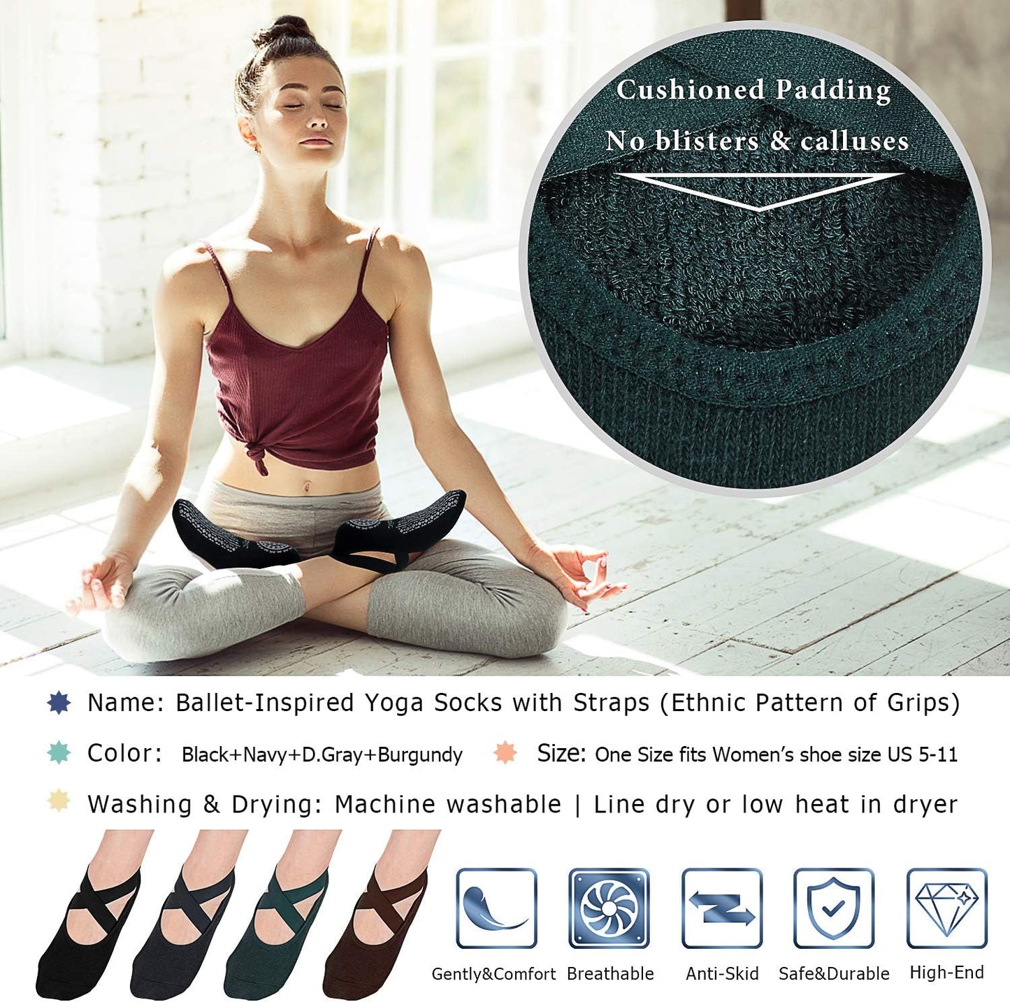 Ozaiic Yoga Socks for Women Non-Slip Grips & Straps, Ideal for Pilates, Pure Barre, Ballet, Dance, Barefoot Workout