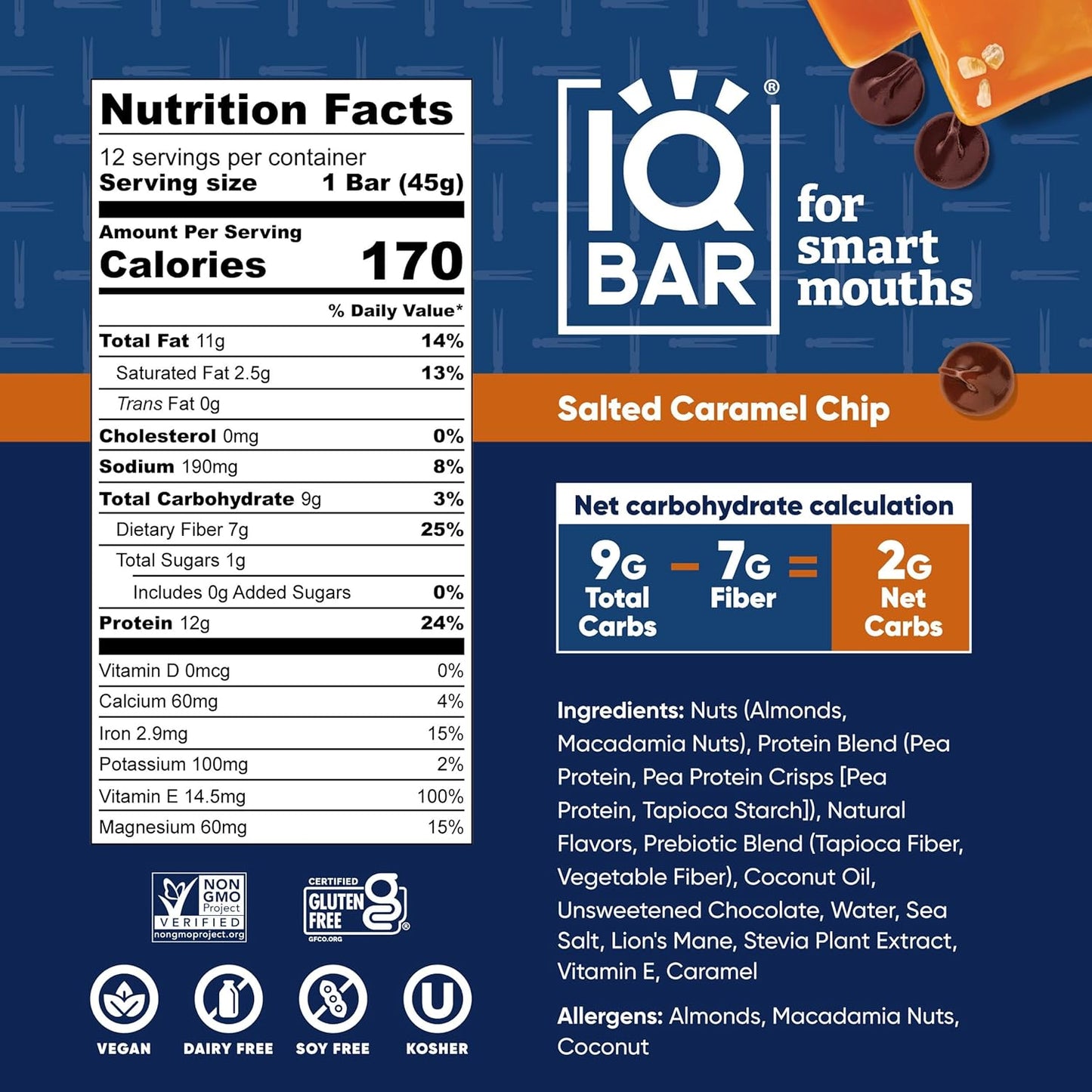 IQBAR x Chef Thomas Keller - Brain and Body Plant Protein Bars - Salted Caramel Chip - 12-Count, Low Carb, High Fiber, Gluten Free, Vegan Snacks - Low Sugar High Protein - Low Calorie Keto Energy Bars