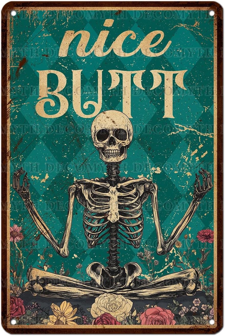 Skeleton Decor Tin Sign Retro Funny Skeleton Metal Sign for Bedroom Cafe Home Coffee Kitchen Bathroom Funny Wall Decor Art 12 * 8inch