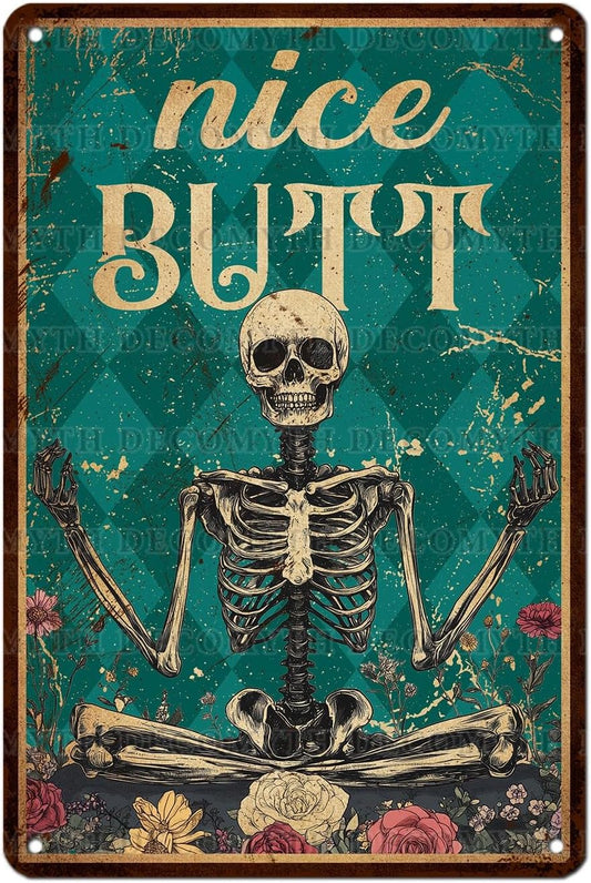 Skeleton Decor Tin Sign Retro Funny Skeleton Metal Sign for Bedroom Cafe Home Coffee Kitchen Bathroom Funny Wall Decor Art 12 * 8inch