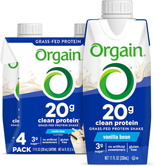 Orgain Clean Protein Shake, Grass Fed Dairy, Vanilla Bean - 20g Whey High Protein, Kosher, Ready to Drink, Low Net Carbs, Gluten Free, No Soy Ingredients, 11 Fl Oz (Pack of 4)