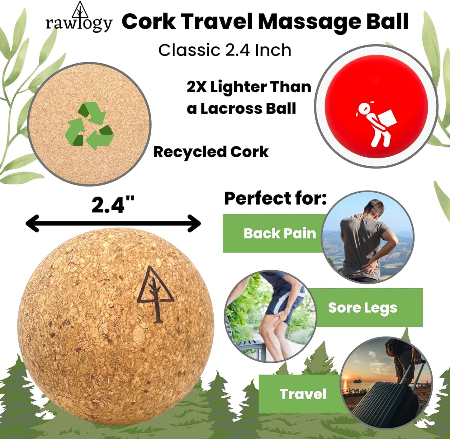 Travel Cork Massage Ball | Lightweight, Sustainable Alternative to Lacrosse Ball for Muscle Pain Relief (2.5 Inch (Pack of 1), Sanded Cork)