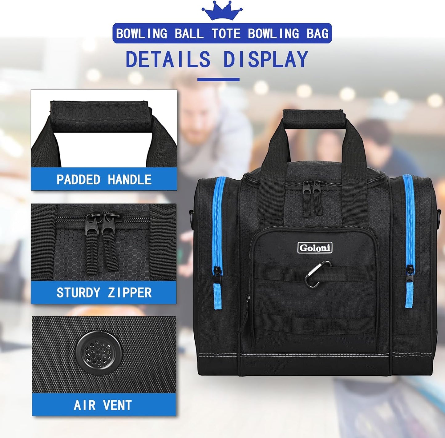 Goloni Bowling Ball Bag for Singer Ball with Padded Ball Holder, 2 Pockets fit Bowling Shoes Up to Mens Size 14 and Accessories