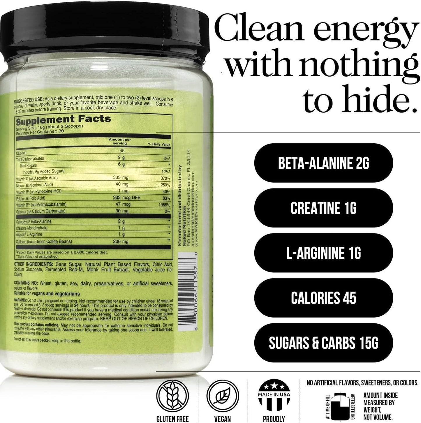 NAKED Watermelon Energy - Clean Pre Workout Supplement for Men and Women, Vegan Friendly, No Added Sweeteners, Colors Or Flavors - 30 Servings