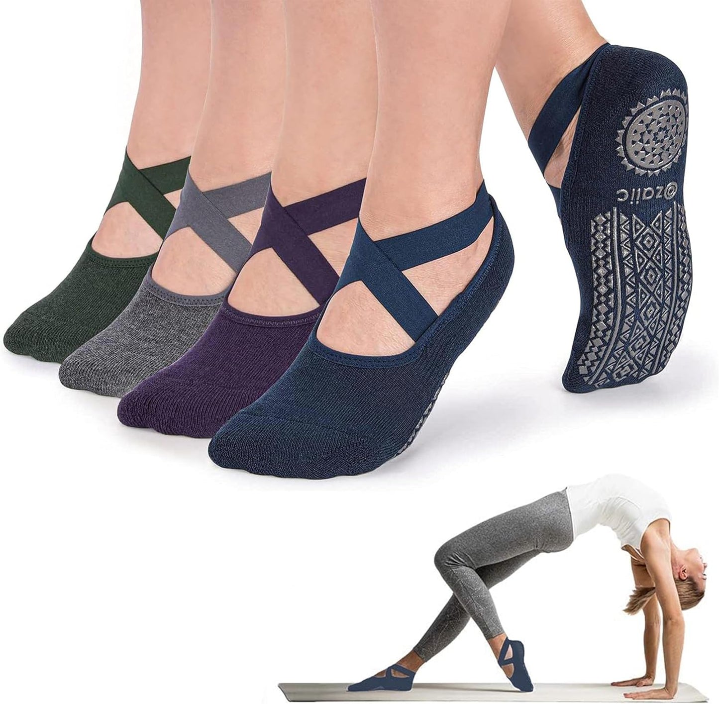 Ozaiic Yoga Socks for Women Non-Slip Grips & Straps, Ideal for Pilates, Pure Barre, Ballet, Dance, Barefoot Workout