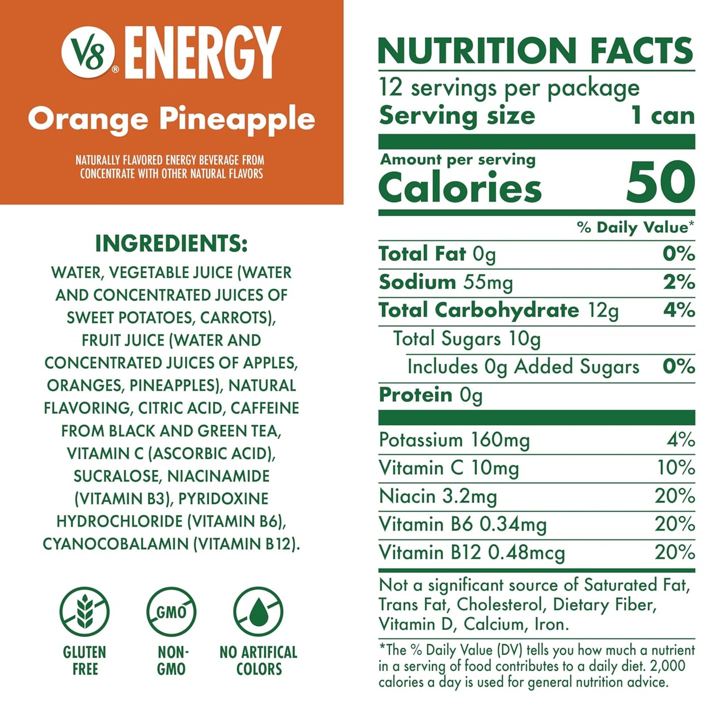 V8 Energy Orange Pineapple Energy Drink, 8 fl oz Can (12 Pack)