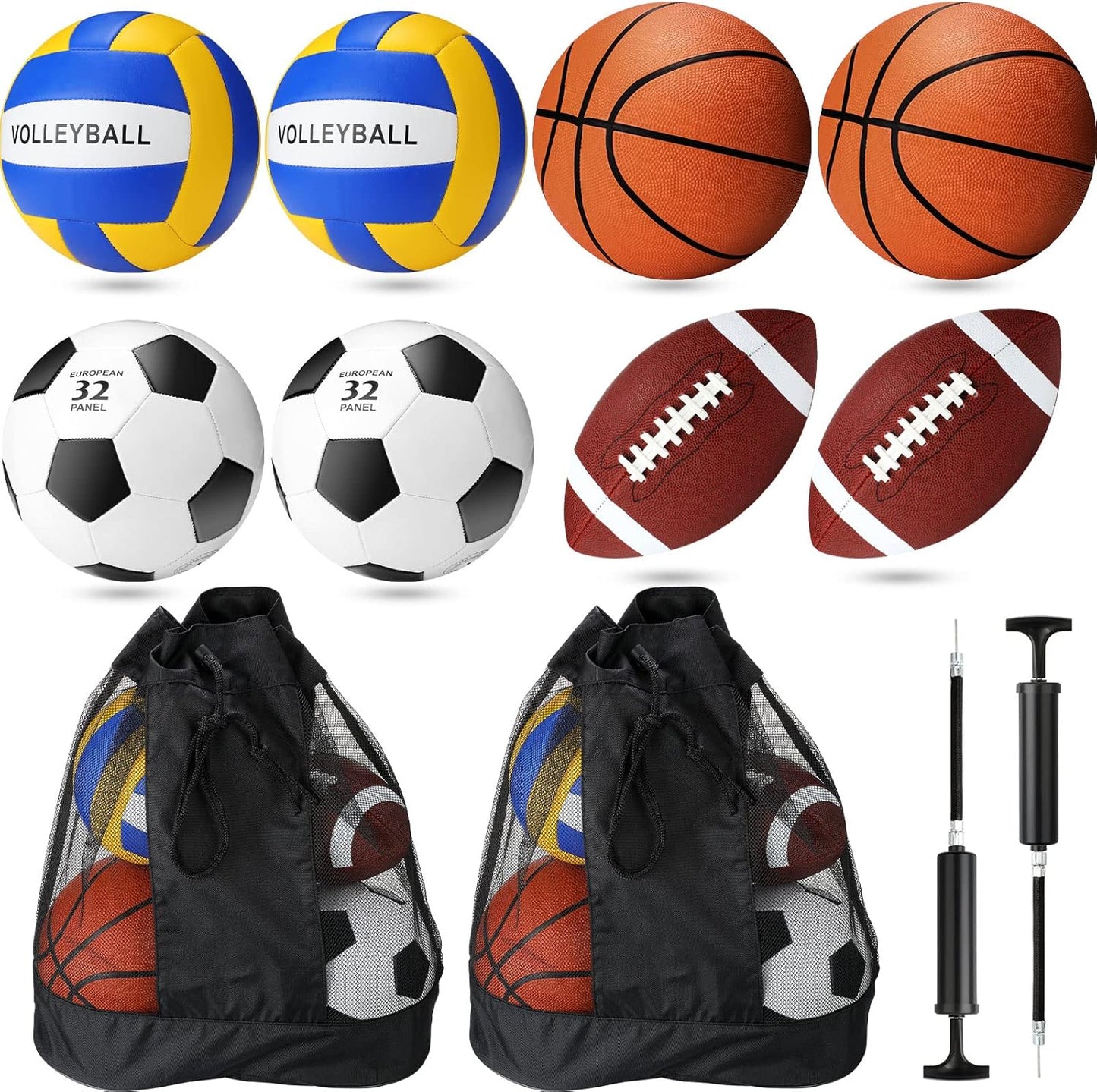 8 Pcs Sports Balls Set Include Basketball Football Soccer Volleyball with 2 Sport Equipment Bags 2 Pumps for Teens Youth Adult Outdoor Operation Christmas Ball Gifts