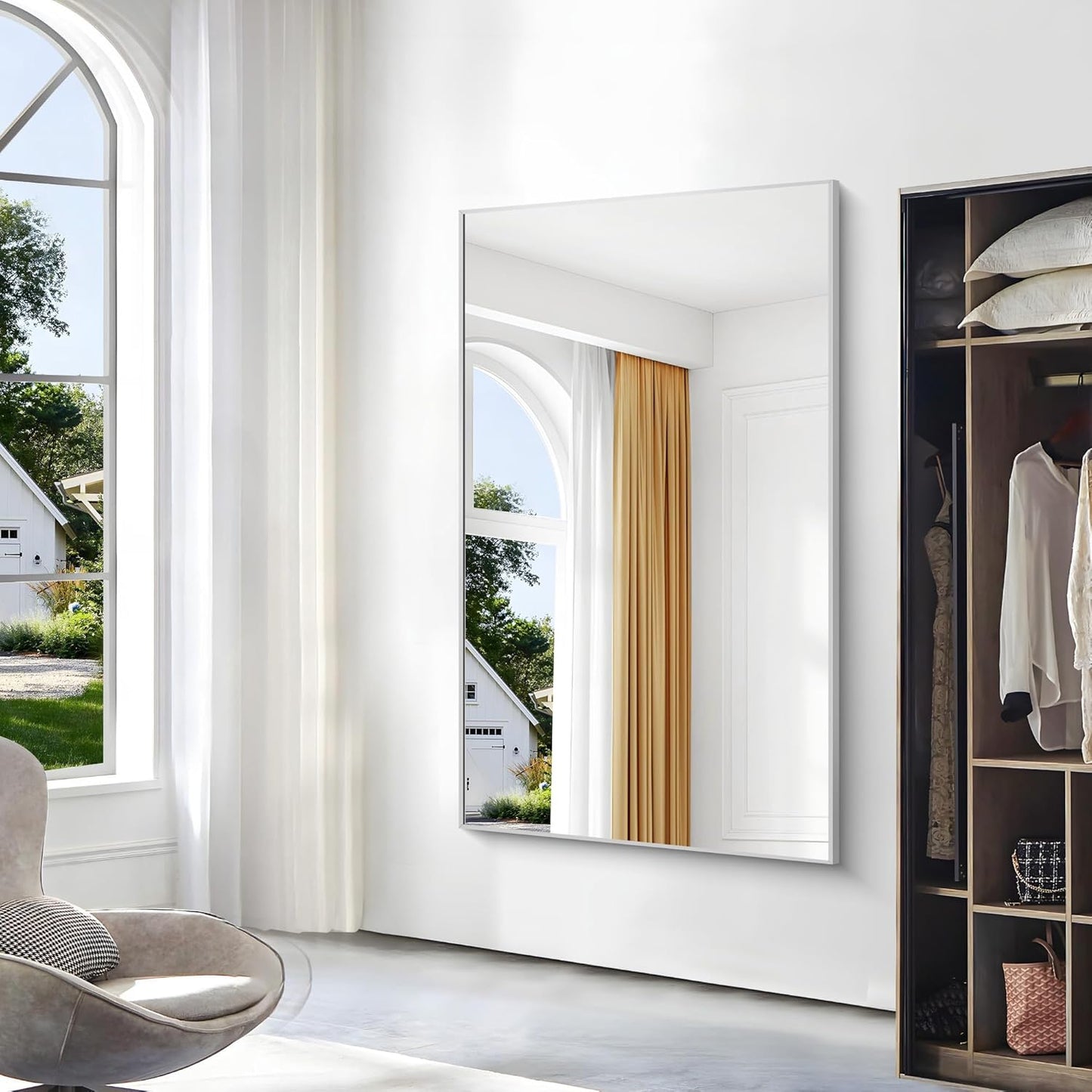 Silver Bathroom Mirror,60x36 inch Wall Mirror for Bathroom Wall Mounted,Large Rectangle Mirror for Bathroom Over Sink,Modern Metal Frame for Living Room,Bedroom Entryway,Horizontal/Vertical