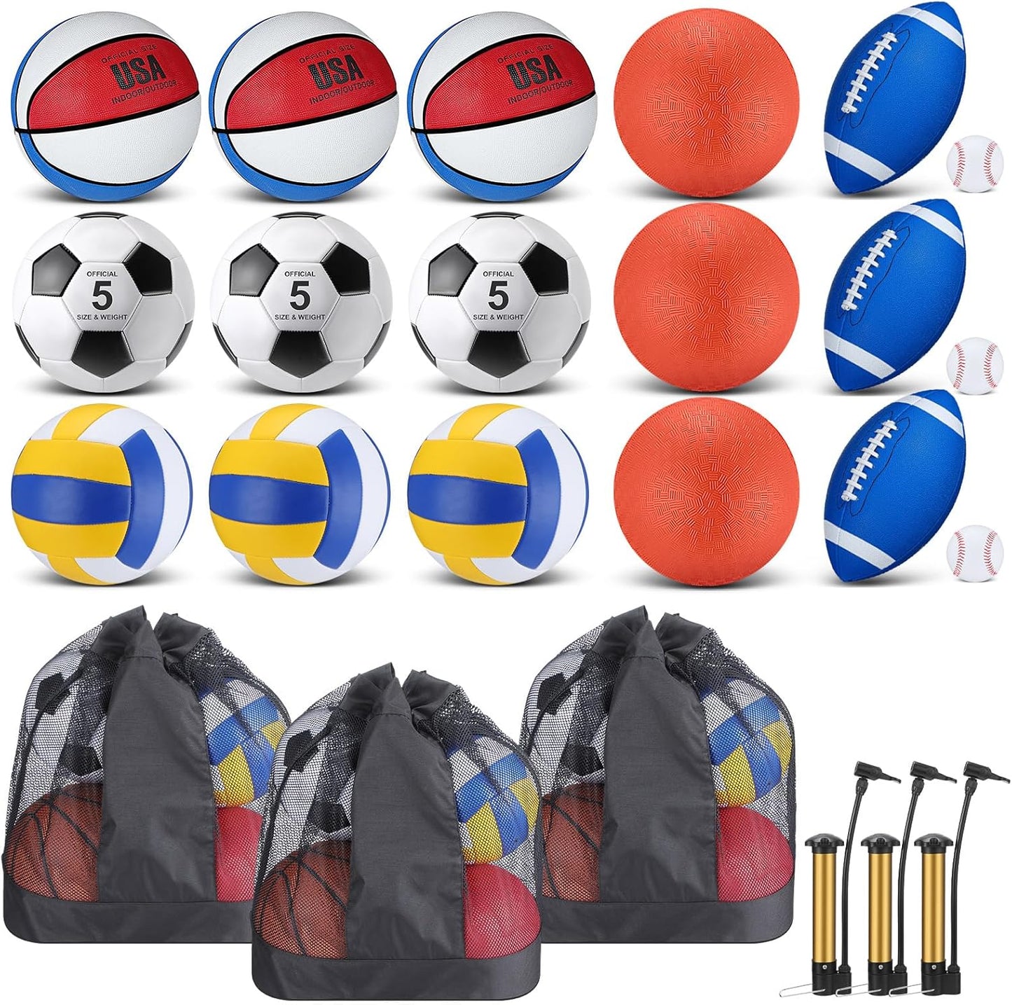 Leyndo 18 Pcs Sport Balls Bulk Set Basketball Football Volleyball Soccer Playground Baseball with Sport Equipment Bag Pump for Youth Adults Outdoor Indoor Practice Gift Back to School