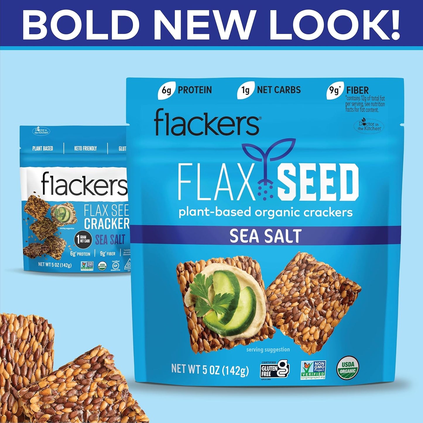 Flackers Organic Sea Salt Flaxseed Crackers, 5 Ounce 12-Pack, Gluten Free, Non GMO, Vegan, Keto Snack, 9g Fiber, 1g Net Carb
