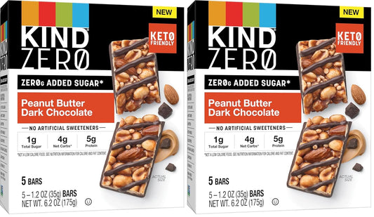 KIND ZERO Added Sugar Bars, Peanut Butter Dark Chocolate, Keto Friendly Snacks, Gluten Free, 5g Protein, 5 Count (Pack of 2)