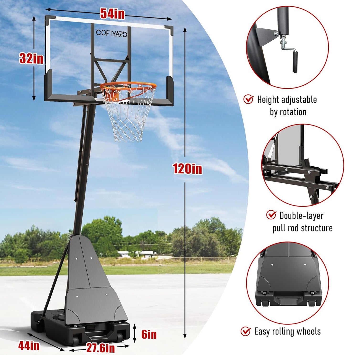Basketball Hoop Outdoor with 44/54 Inch Shatterproof Backboard, 5.25-10FT Height Portable Basketball Hoop with Sandbag, Adjustable Basketball Goal System