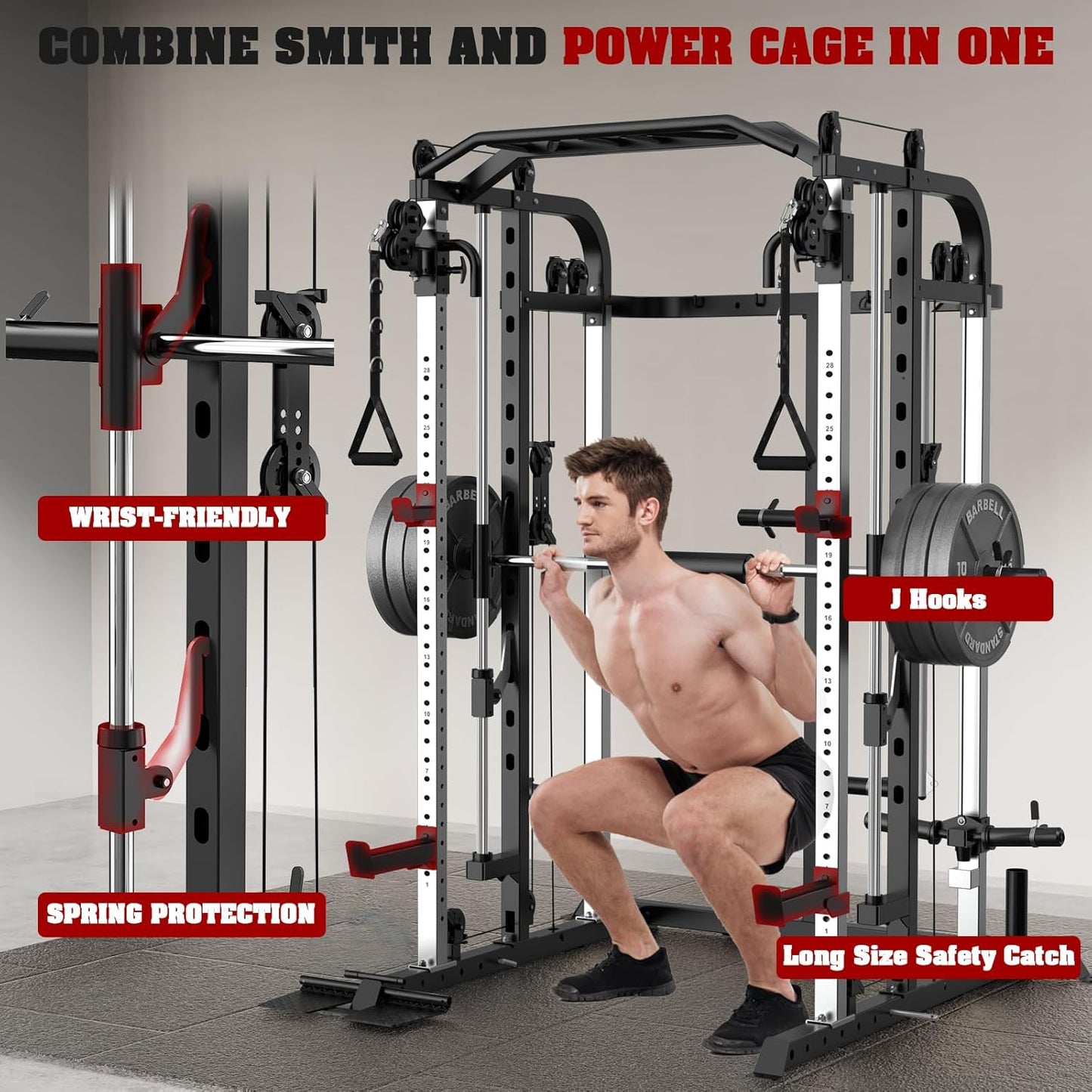 Smith Machine, Multifunctional Power Cage Rack with Smith Bar and Cable Pulley System, and LAT Pull Down Machine for Home Gym…
