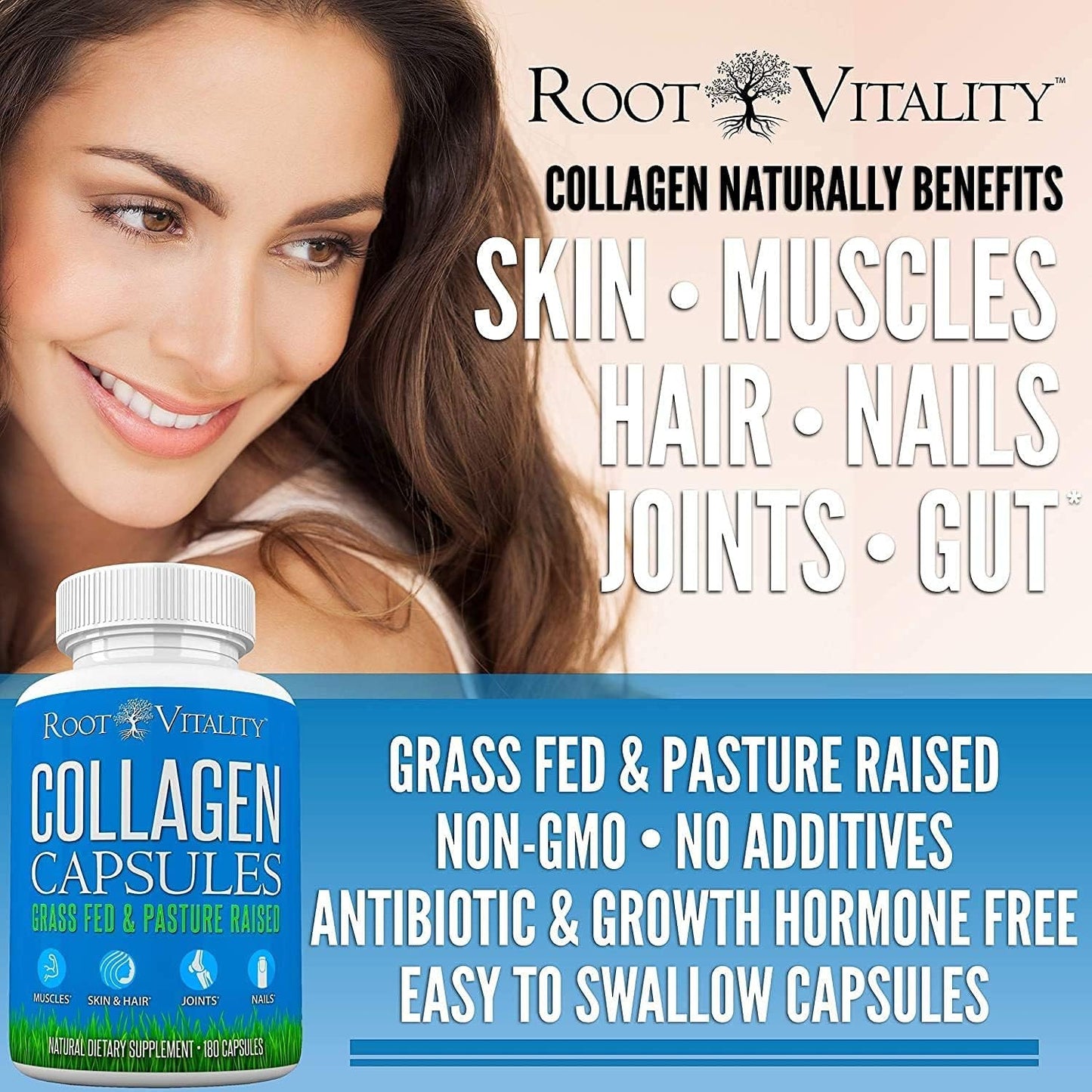 Collagen Peptides Capsules - Grass-Fed, Pasture-Raised Hydrolyzed Protein Supplement for Skin, Hair, & Nails - Non-GMO, Zero Sugar Daily Pills for Men & Women (180 Capsules)