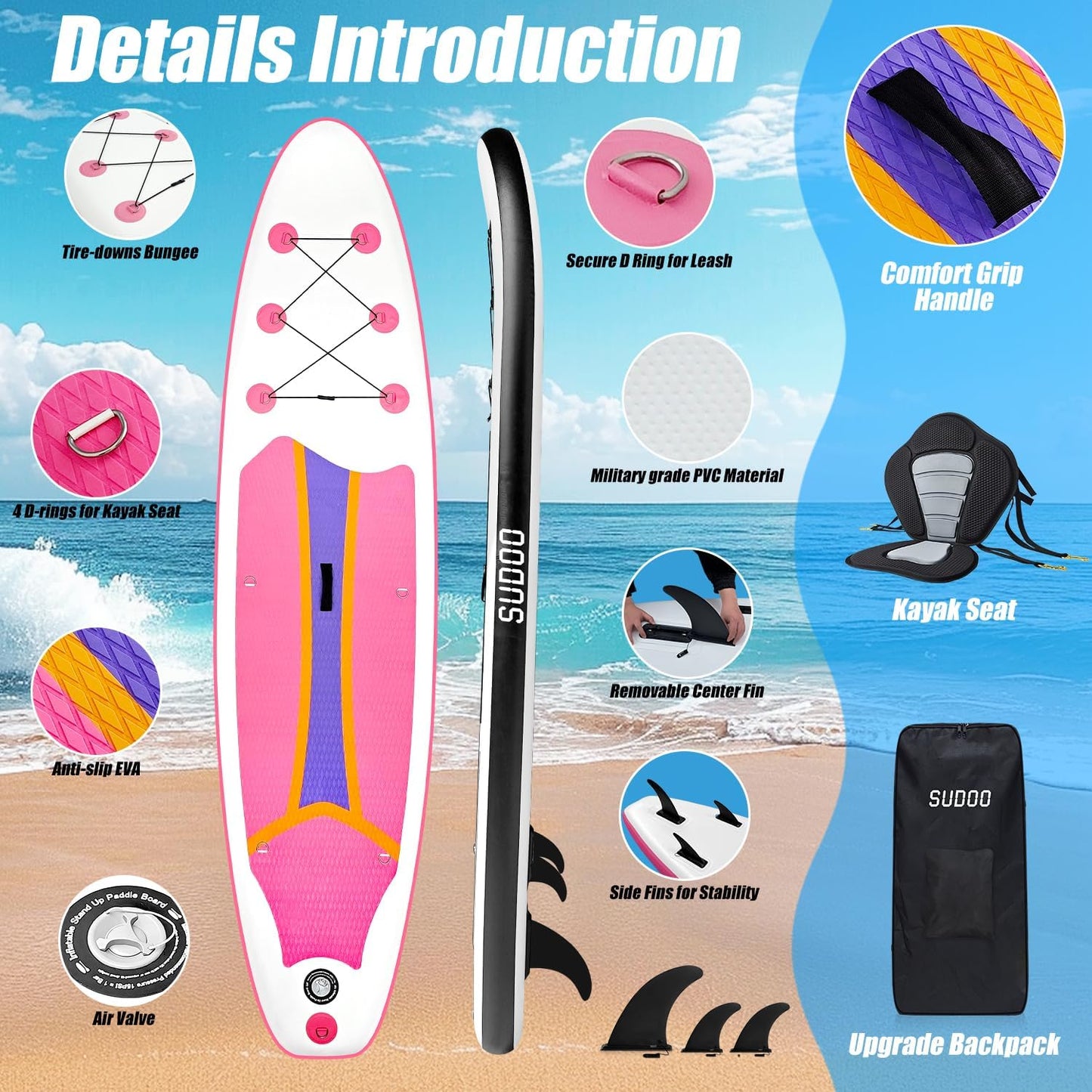 Inflatable Stand Up Paddle Board 10‘x30‘‘- Ultra-Light SUP with Backpack, Pump, Paddle, Coil Leash, 3 Fins, Repair Kit, Stable Design, Non-Slip EVA Deck for Adults & Youth