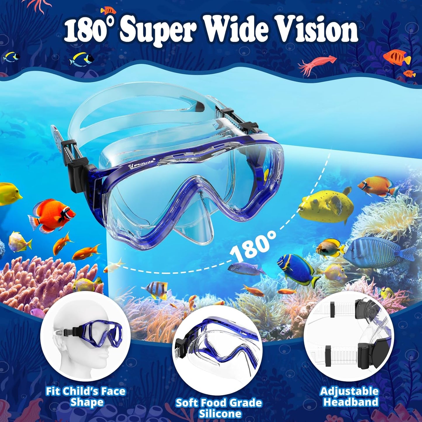 U PHITNIS Kids Snorkel Set for Age 4-14 - Dry Top Snorkeling Gear for Kids Junior & Youth - Childs Diving Mask with Big Eyes for Boys Girls - Anti-Fog Snorkeling Mask and Snorkel Set