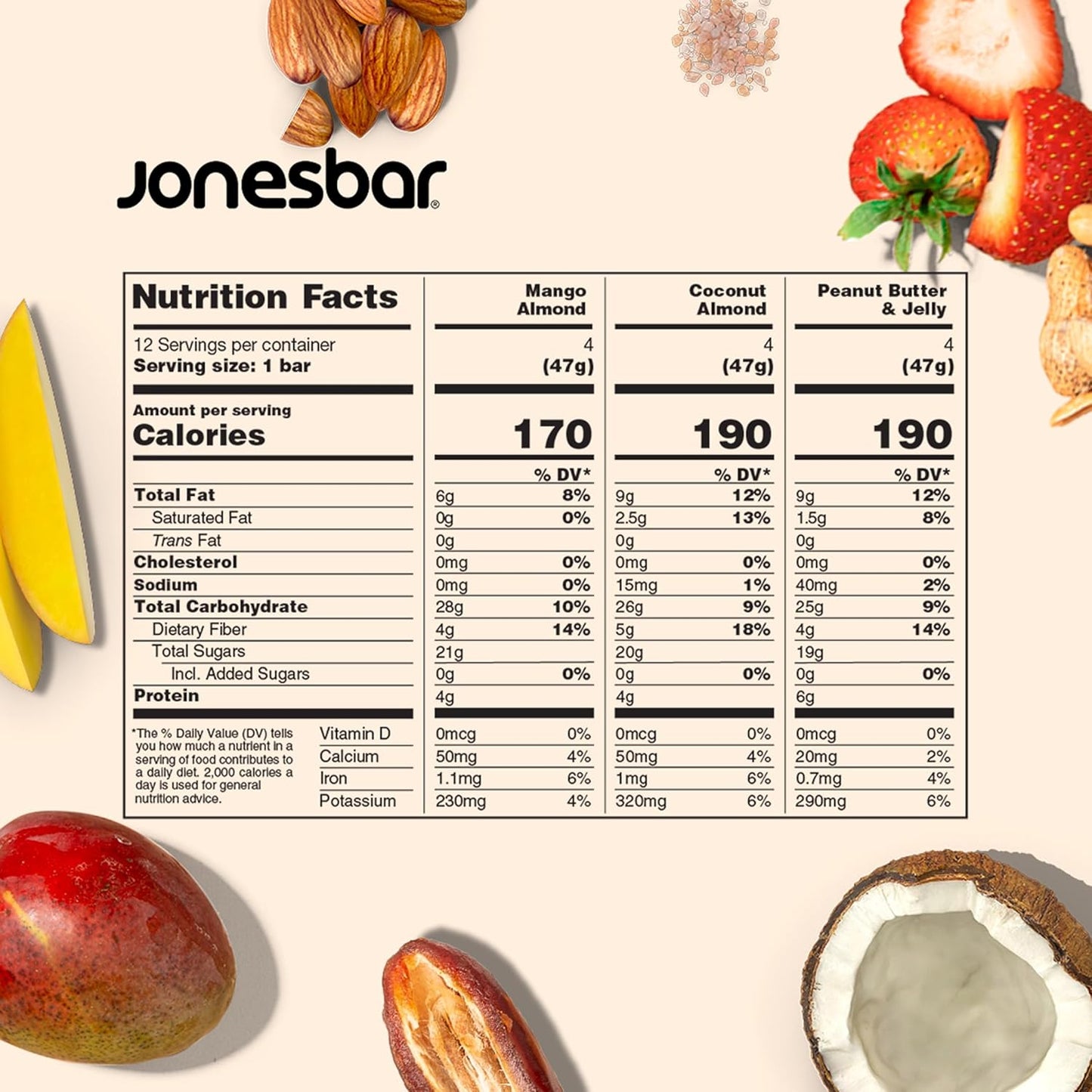 JONESBAR Fruit Lovers (12 Count (Pack of 1)), USDA Organic Fruit & Nut Bar, Non-GMO, Kosher, Vegan, Gluten Free, Simple Snack Bar