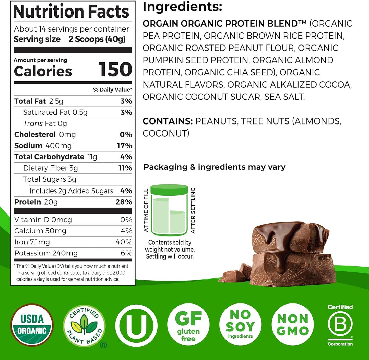 Orgain Organic Simple Vegan Protein Powder, Chocolate - 20g Plant Based Protein, Made with less Ingredients, No Artificial Sweeteners, Gluten Free, No Dairy or Lactose, 1.25 lb (Packaging May Vary)