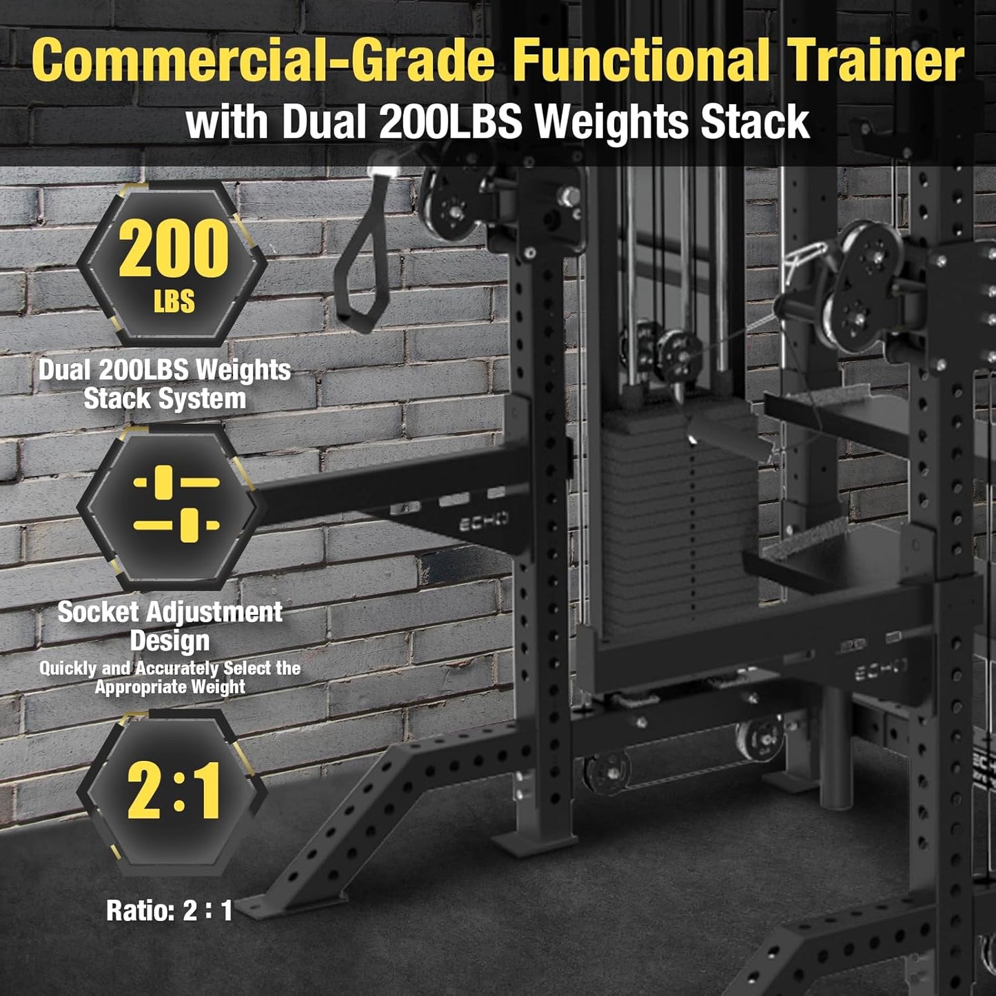 Commercial Functional Trainer Cable Machine with Dual Weight Stacks, Power Cage Squat Rack, Dual Cable Crossover Machine with Pulley System