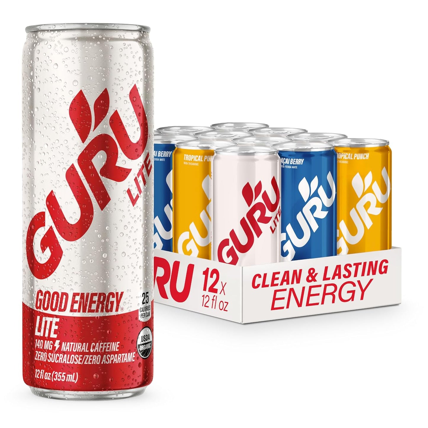 GURU Organic Energy Drinks Variety Pack, Clean Energy Drink with Plant Based Natural Caffeine from Green Tea, Gluten Free and Vegan, 140MG Caffeine, Healthy Drinks, 12 oz (Pack of 12)